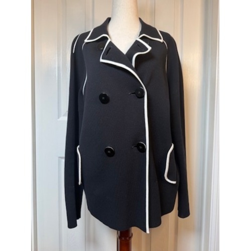 Worth New York Black White Contrast Trim Knit Double Breasted Jacket Blazer L